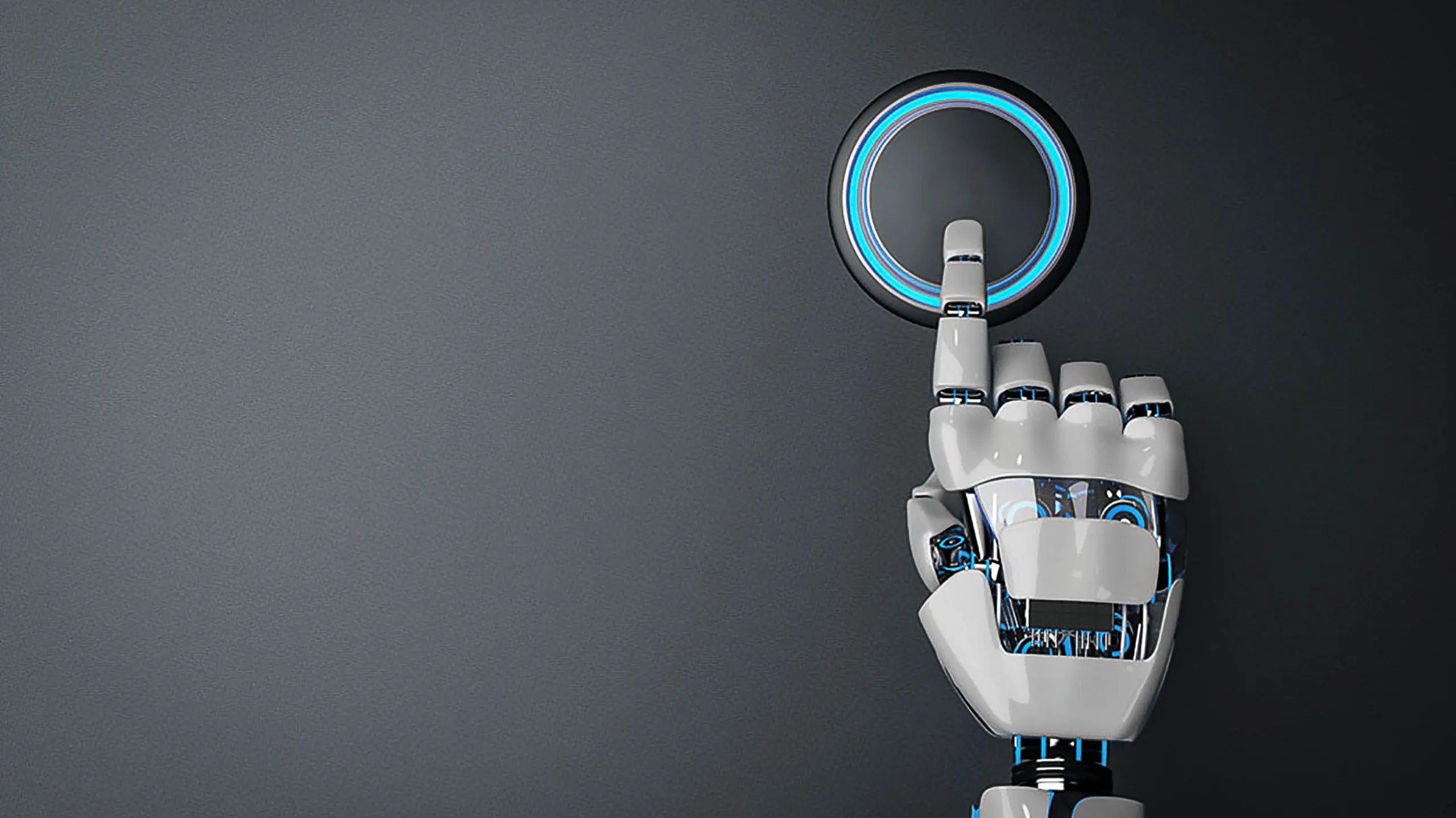 Symbolic image Vinroc Solutions GmbH at Abacus alpha: Robot hand presses futuristic touchscreen button on a gray background.