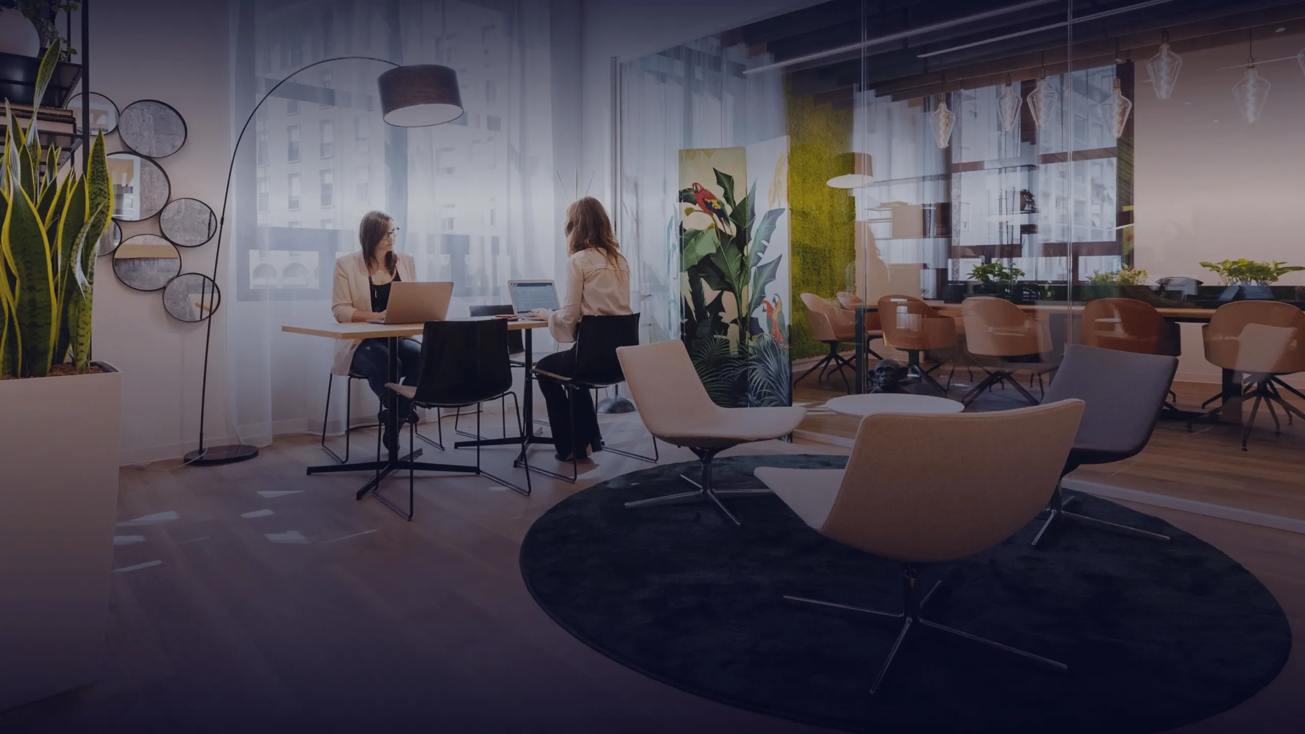 Symbolic image of PersonalHub Holding GmbH at Abacus alpha: Modern, light-flooded office with two women working at a table, surrounded by stylish furnishings and plants.