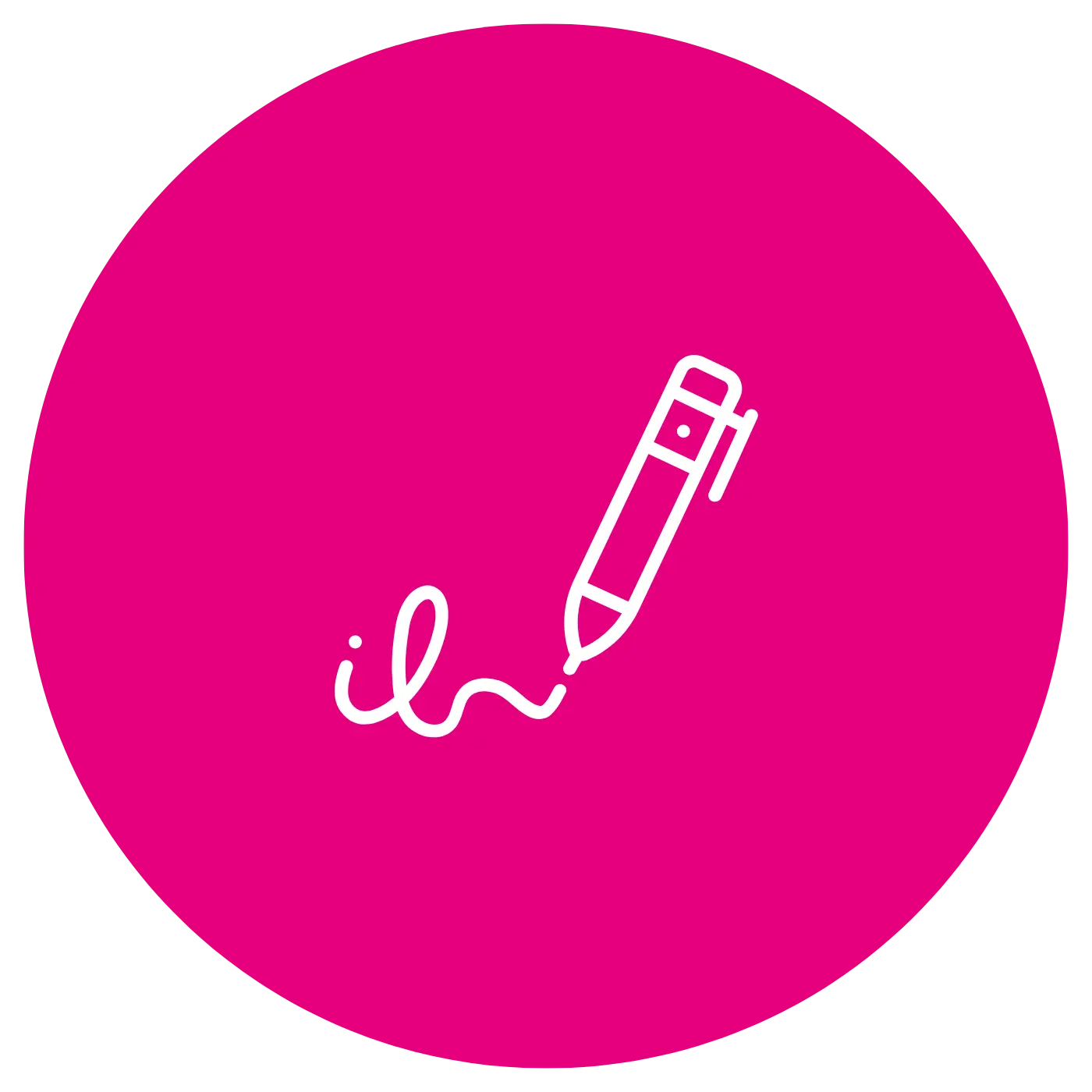 Ein Symbol für Kaufverhandlungen bei Abacus Alpha: Ein schreibender Stift in weiß auf pinkem Untergrund.
