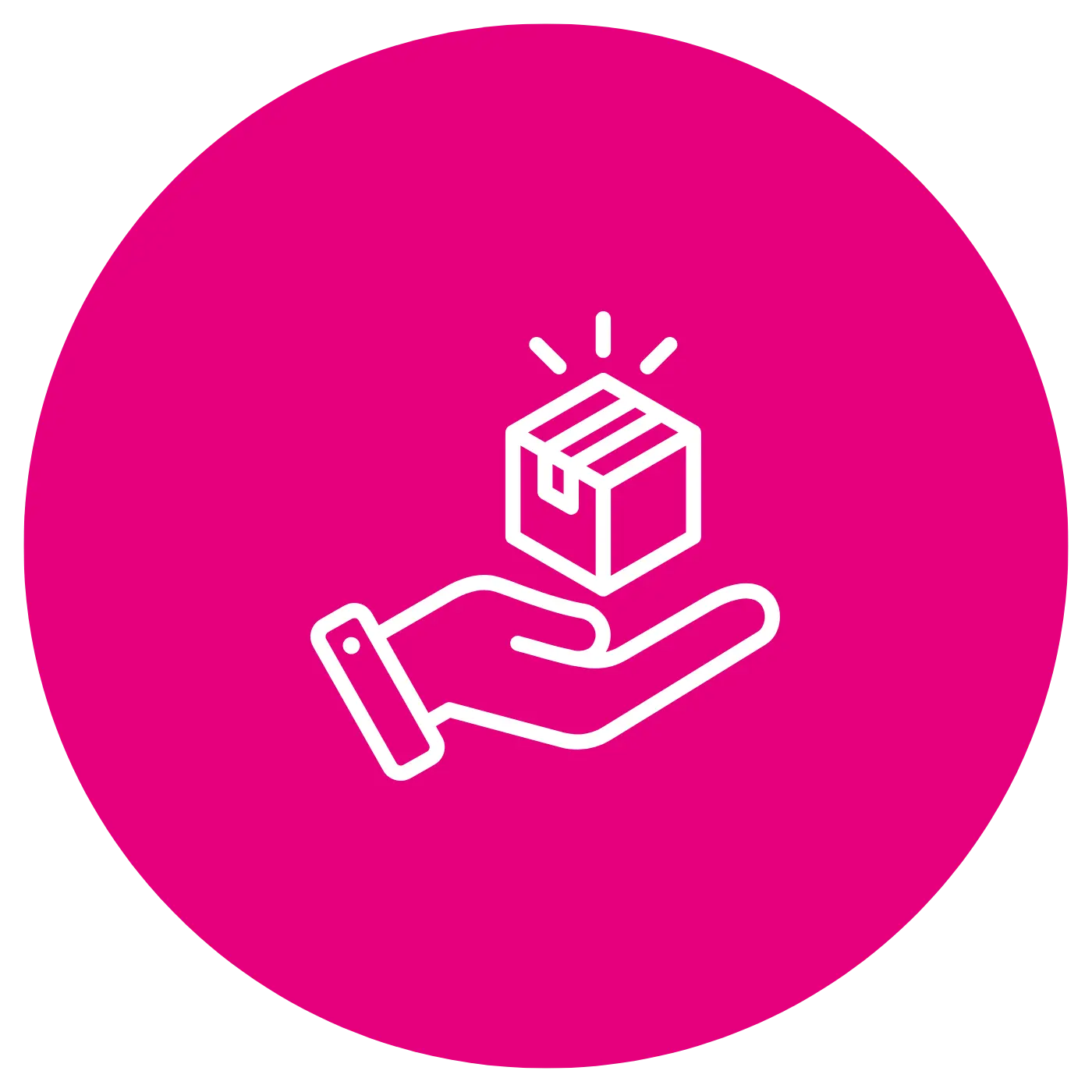 Ein Symbol für ein verbindliches Angebot bei Abacus Alpha: Eine Hand, die ein Paket hält, in weiß auf pinkem Untergrund.